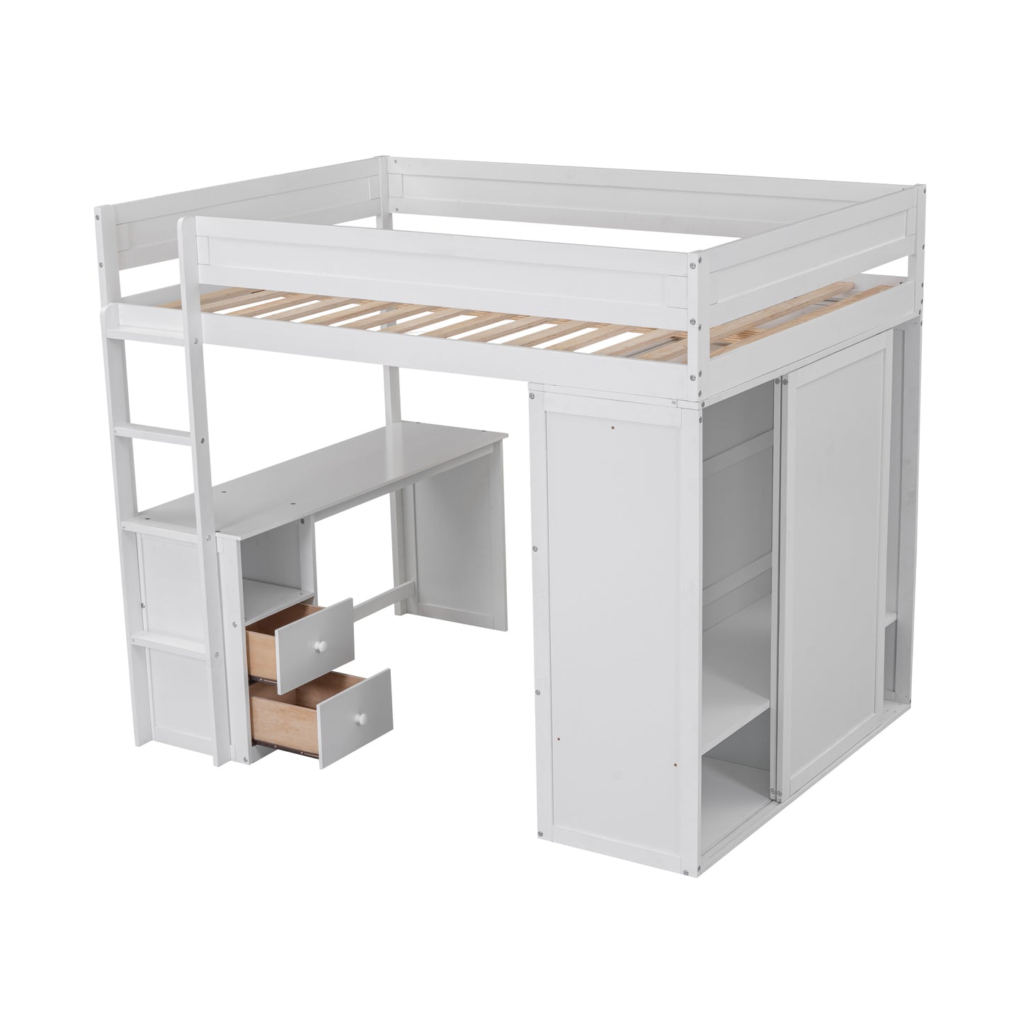 Space-Saving White Wood Loft Bed with Integrated Wardrobes and 2-Drawer Desk