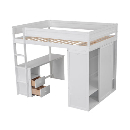 Space-Saving White Wood Loft Bed with Integrated Wardrobes and 2-Drawer Desk