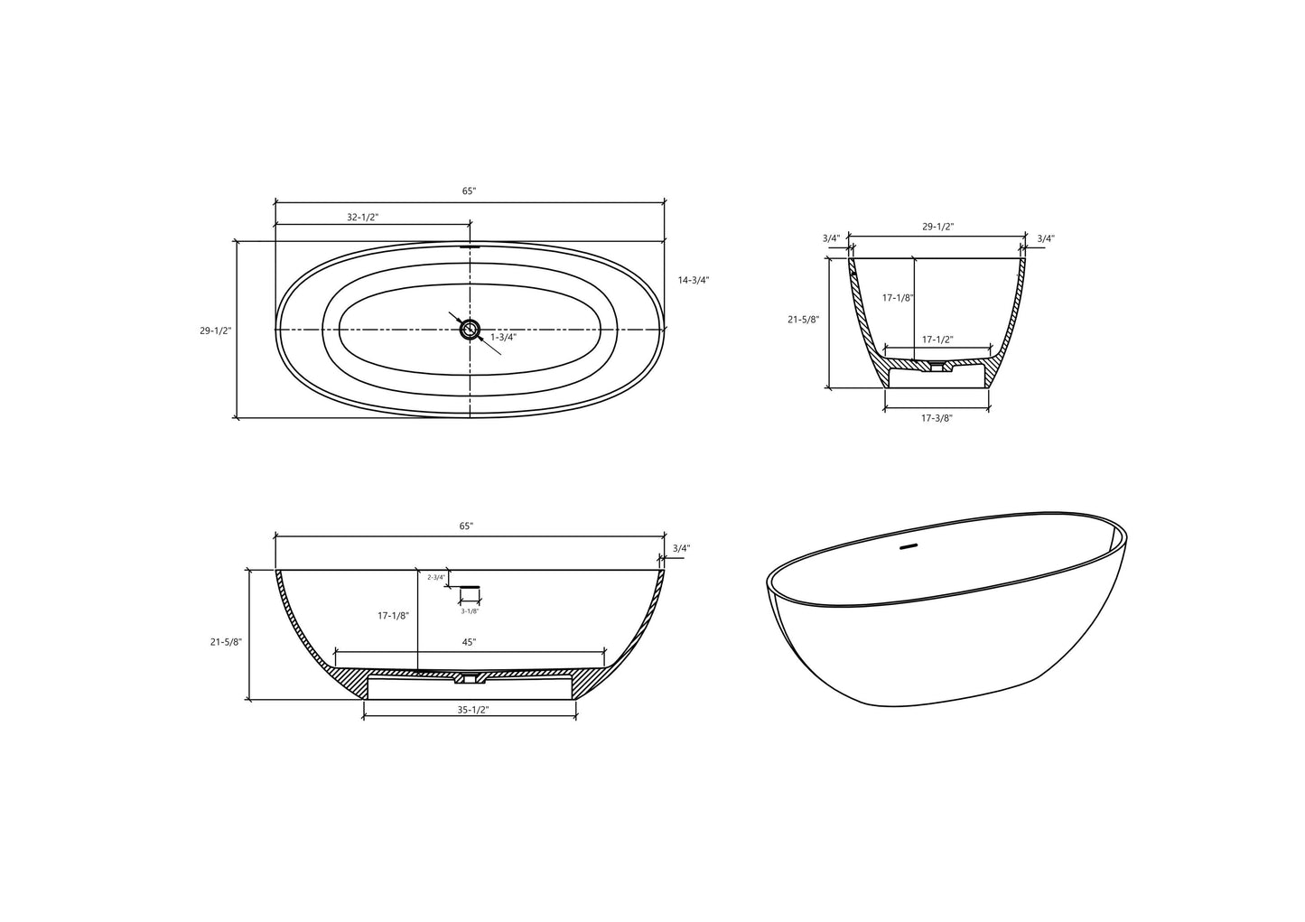 Luxury 65" Matte White Freestanding Soaking Bathtub, Handcrafted Solid Surface with Overflow and Pop-up Drain