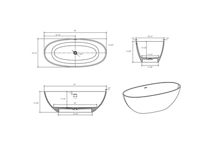 Luxury 65" Matte White Freestanding Soaking Bathtub, Handcrafted Solid Surface with Overflow and Pop-up Drain