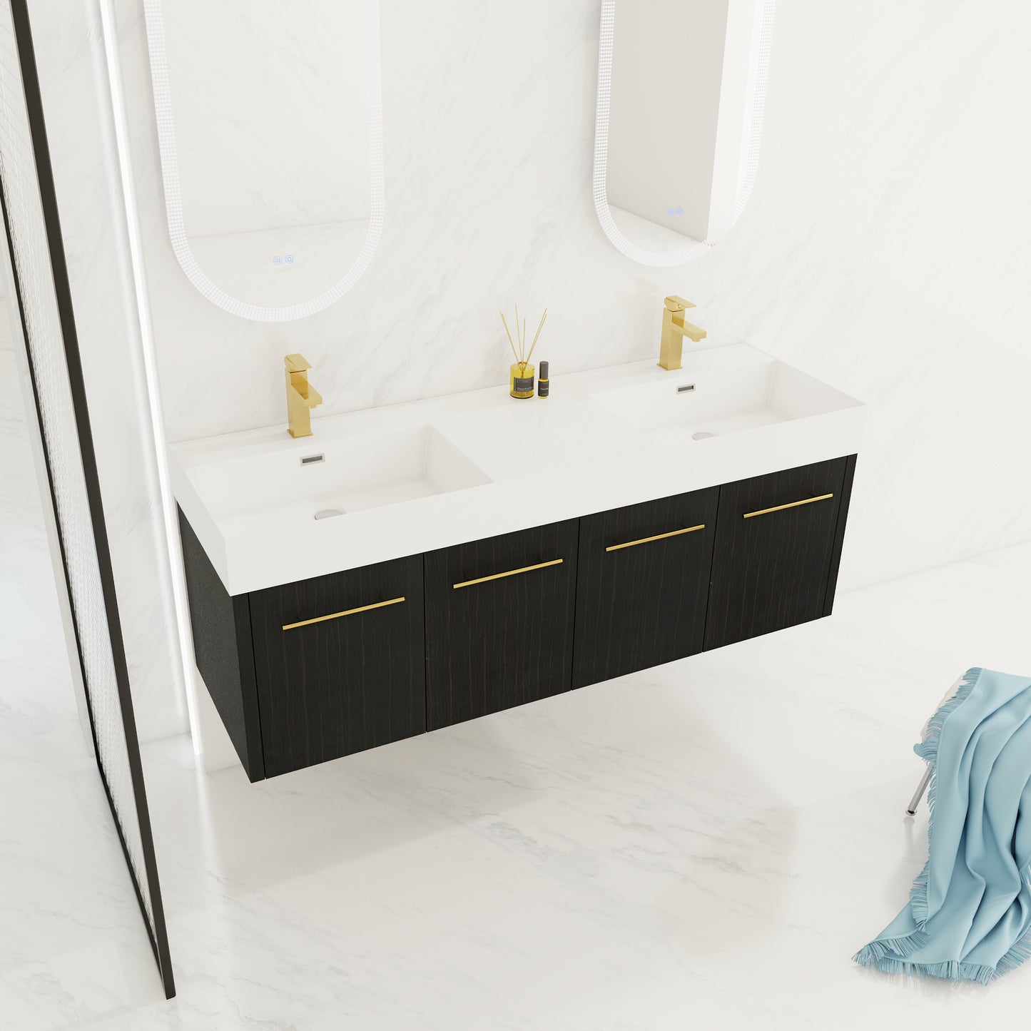 60-Inch Modern Wall-Mounted Bathroom Vanity with Double Resin Sink and Ample Storage