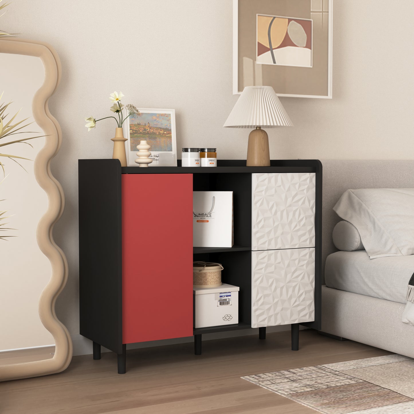 Sideboard Buffet Cabinet, Black Storage Cabinet with Red Doors , 2 Drawers with unique panel styling and 2 Open Storage Compartment, Modern Coffee Bar Cabinet Accent Cabinet for Kitchen, Dining Room,