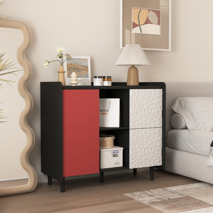 Sideboard Buffet Cabinet, Black Storage Cabinet with Red Doors , 2 Drawers with unique panel styling and 2 Open Storage Compartment, Modern Coffee Bar Cabinet Accent Cabinet for Kitchen, Dining Room,