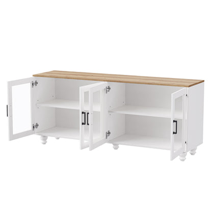 ON-TREND Farmhouse TV Stand with Tempered Glass Doors for TVs Up to 70", Versatile Sideboard with Adjustable Shelves, Elegant Buffet Cabinet with 5 Solid Wood Gourd-Shaped Legs for Living Room, White