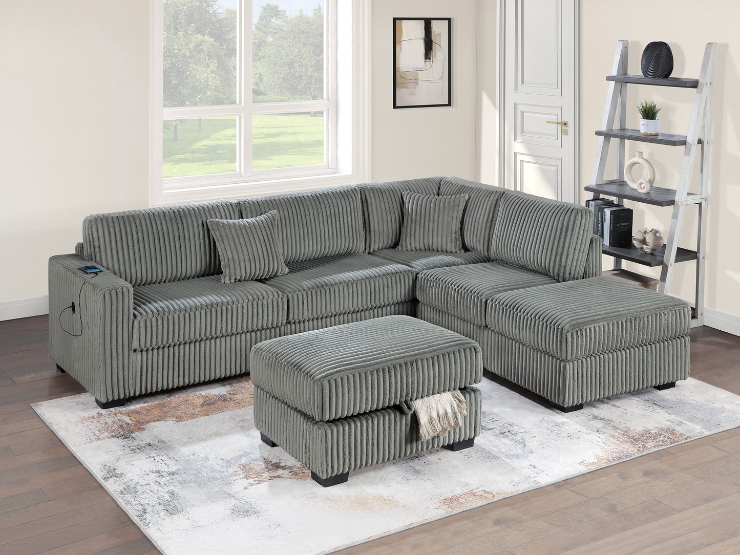 3-Piece L-Shaped Corduroy Sectional Sofa Set with Reversible Chaise, Storage Ottoman, USB, Pillows Smoke