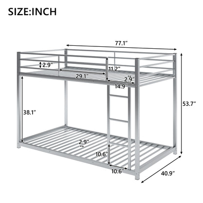 Silver Twin Over Twin Low Metal Bunk Bed with Ladder