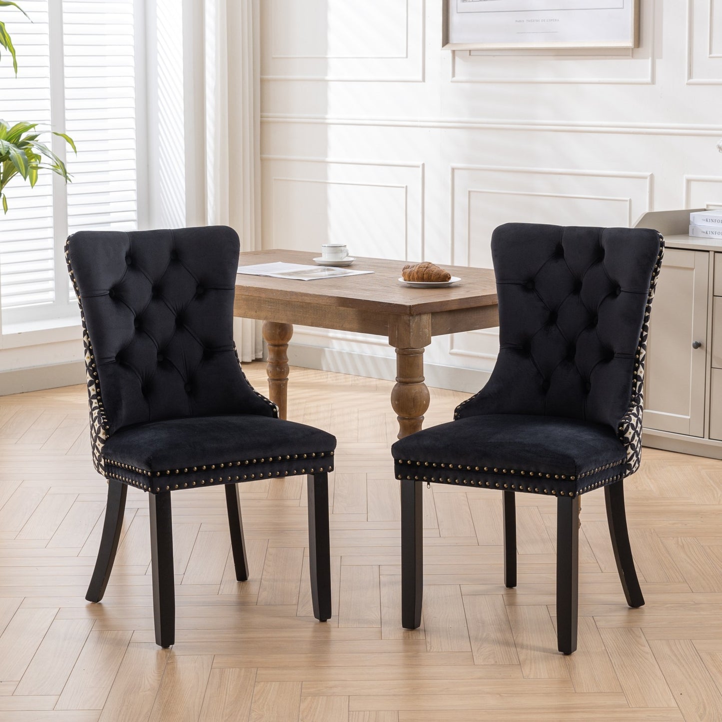 Velvet Dining Chairs Set of 2, Tufted High-Back, Solid Wood Frame, Nailhead Trim, Black & Patterned