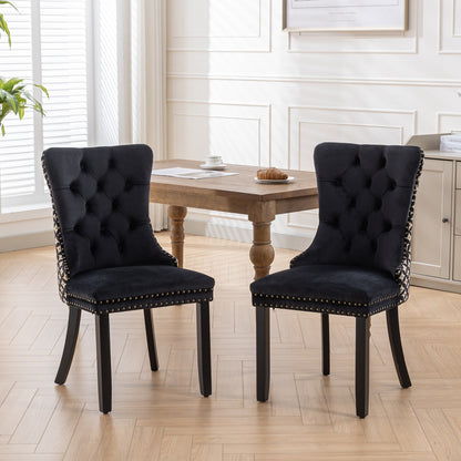 Velvet Dining Chairs Set of 2, Tufted High-Back, Solid Wood Frame, Nailhead Trim, Black & Patterned