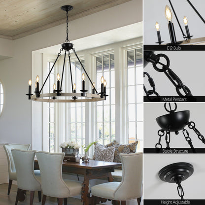 10-Light Rustic Farmhouse Round Chandelier for Dining, 31.5-in Dia, Iron & Wood, E12 Base - Matte Black