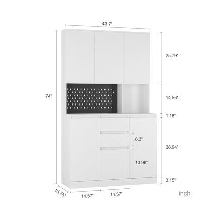 Modern 74" White Kitchen Pantry Cabinet with Charging Station and Microwave Stand - Versatile Buffet Sideboard with Storage Drawers for Dining Room and Living Room