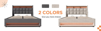 Modern Queen Size Upholstered Platform Bed with Hydraulic Storage, LED Lighting, and USB Port - Grey (Mattress Not Included)