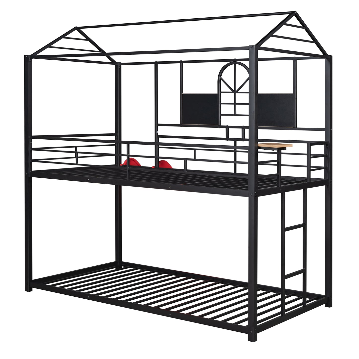 Twin Over Twin Metal Bunk Bed with Fun Slide – Available in Three Chic Colors (Black/Red, Black/Black, White/White)