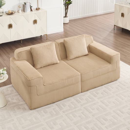 Modular 2-Seat Boneless Sofa Sectional with Deep Cushions, Corduroy Fabric, Pillows, Living Space Camel