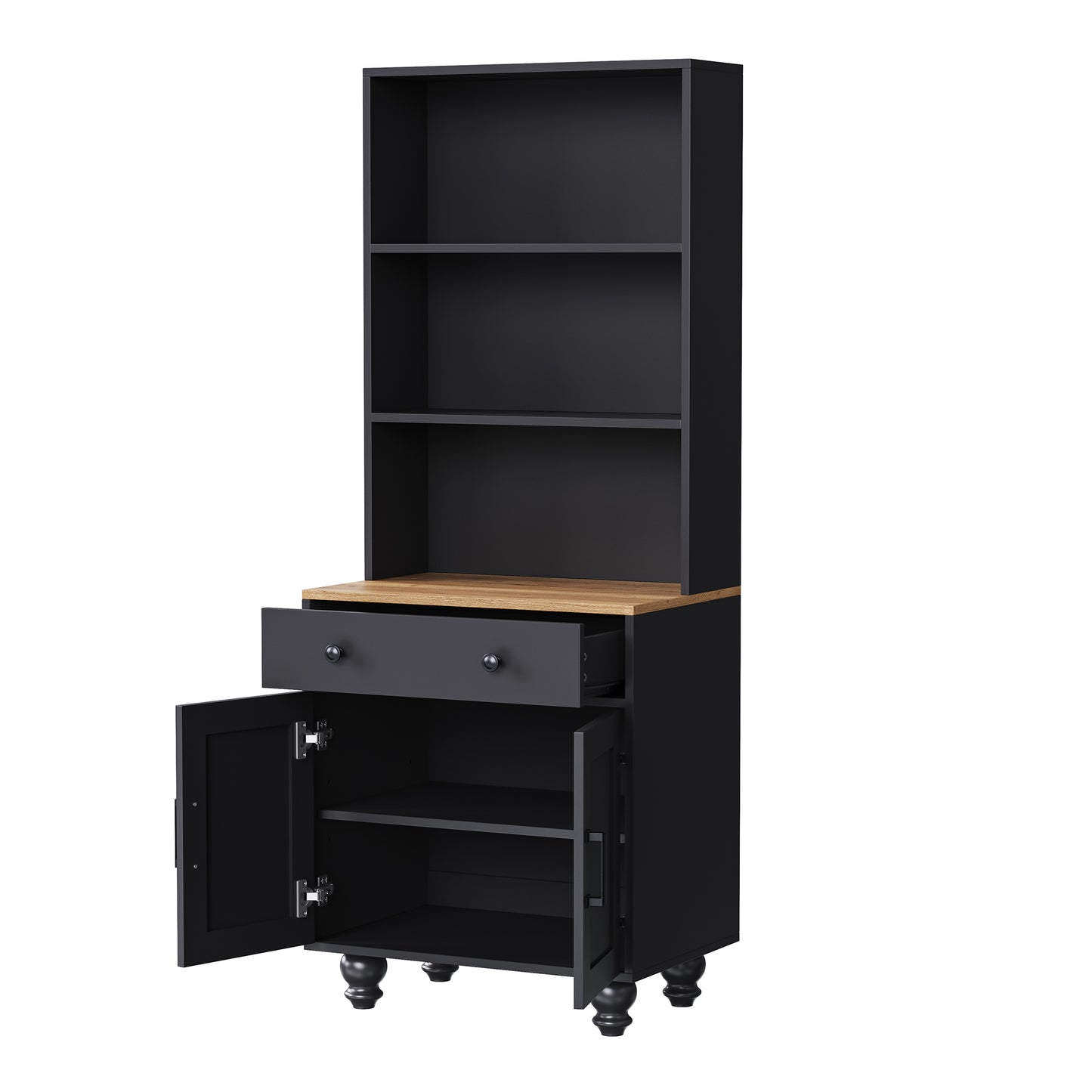 Elegant Black Farmhouse Storage Cabinet with Adjustable Shelves and Gourd-Shaped Legs, Versatile Kitchen Pantry and Bookshelf Solution