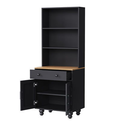 Elegant Black Farmhouse Storage Cabinet with Adjustable Shelves and Gourd-Shaped Legs, Versatile Kitchen Pantry and Bookshelf Solution