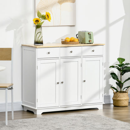HOMCOM Sideboard with Solid Wood Countertop, Modern Kitchen Storage Cabinet, Coffee Bar Cabinet with 3 Drawers, Doors and Adjustable Shelf, White