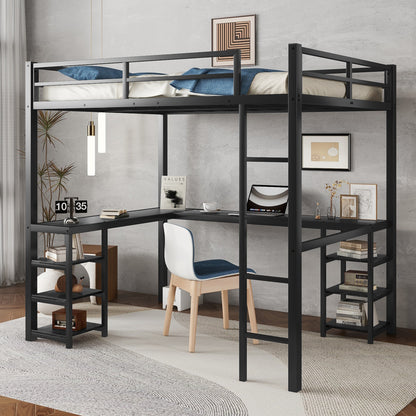 Stylish Black Metal Loft Bed with Integrated Desk and Storage Shelves