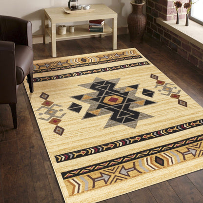 Southwest-Style 5'3" x 7'3" Area Rug, Low-Pile, Polypropylene, Jute-Backed, Stain-Resistant Cream