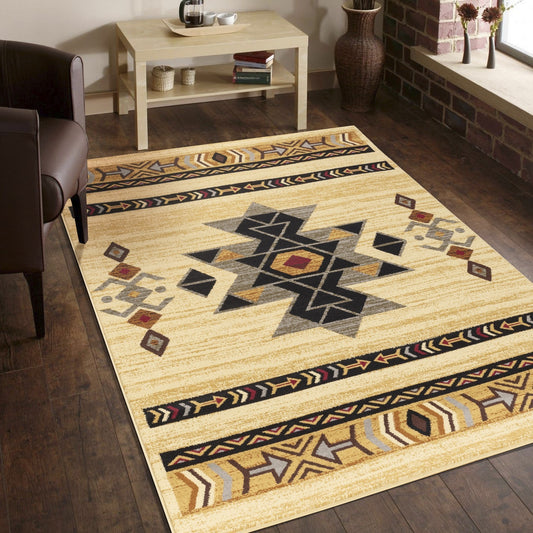 Southwest-Style 5'3" x 7'3" Area Rug, Low-Pile, Polypropylene, Jute-Backed, Stain-Resistant Cream