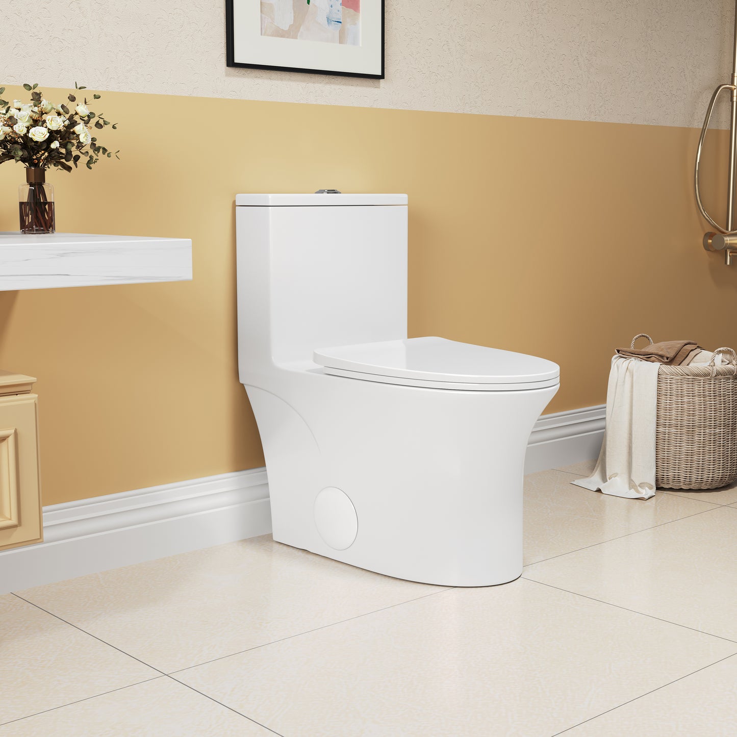 Comfort Height Elongated One-Piece Toilet with Dual-Flush System, CUPC & WaterSense Certified, White Ceramic, Soft Close Seat T039WT