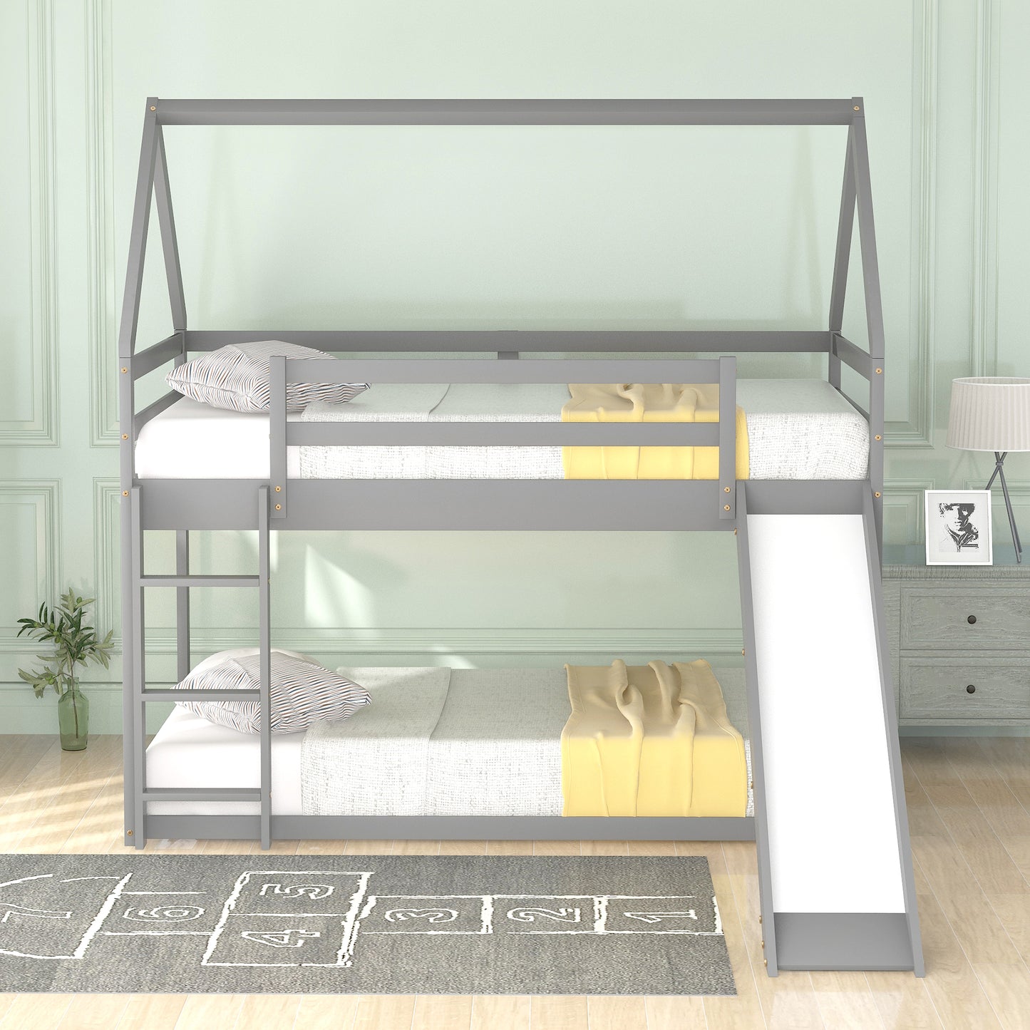 Gray Twin Bunk House Bed with Slide and Ladder for Kids