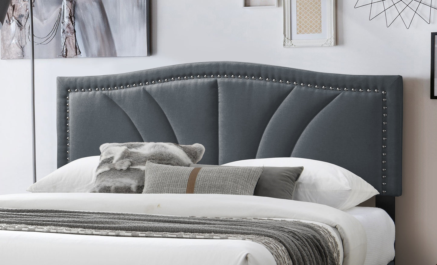 Chic Charcoal Burlap Queen Bed with Vintage Nailhead Trim Accents