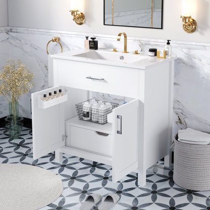 Elegant 30-Inch White Bathroom Vanity with Ceramic Sink and Ample Storage for Compact Spaces