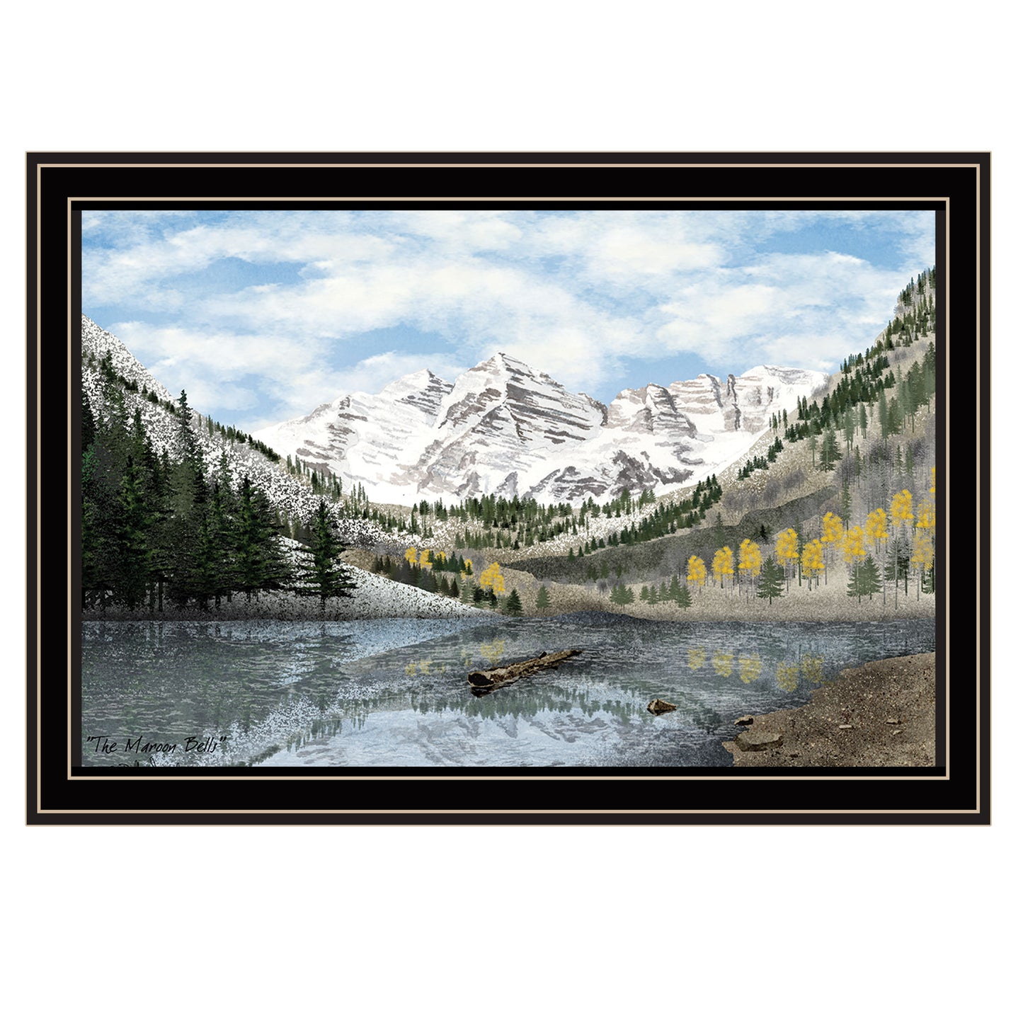 Maroon Bells Wall Art Print, Wood & Paper Framed Decor for Living Room, 27 x 19 in Multicolor, Black