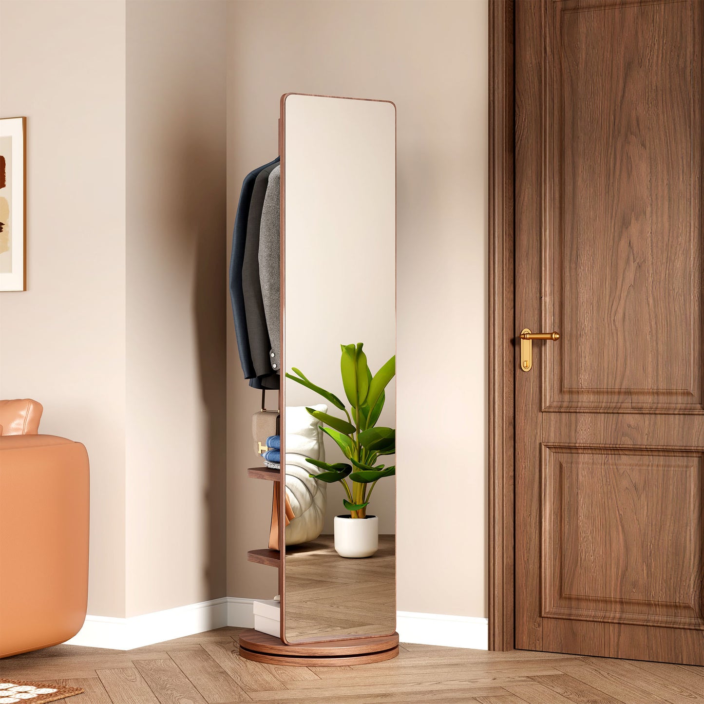 360° Rotating Mirror with Coat Rack & Hook Storage, Rubberwood, 68.8inH x 19.7inW, Bedroom, Walnut