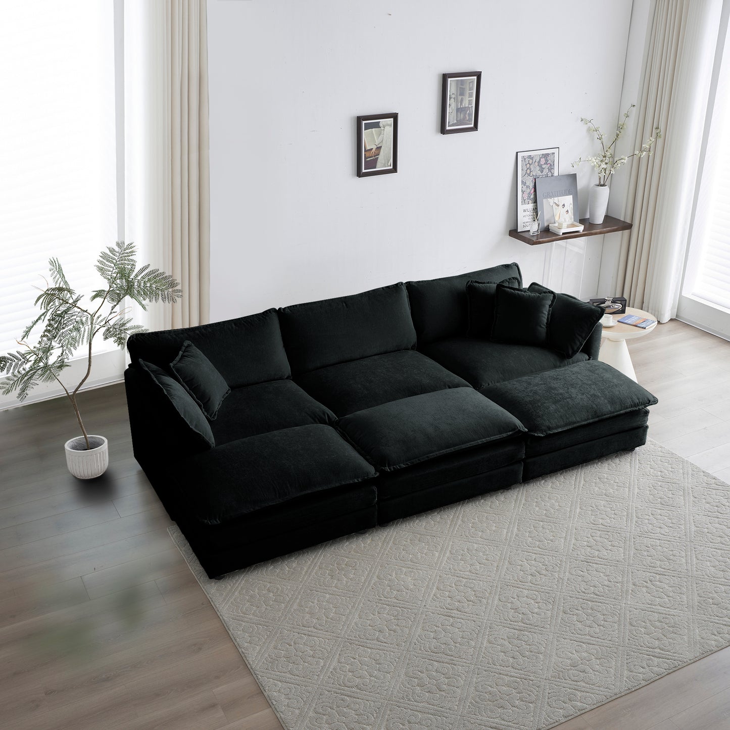 Modular 6-Seater U-Shaped Sectional Sofa with 3 Ottomans, Pillows, Deep-Seat Chenille, Reversible, Black