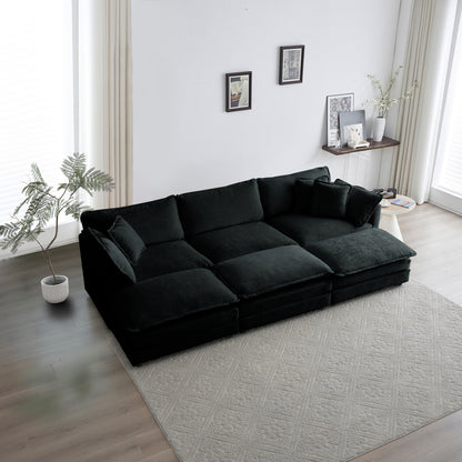 Modular 6-Seater U-Shaped Sectional Sofa with 3 Ottomans, Pillows, Deep-Seat Chenille, Reversible, Black