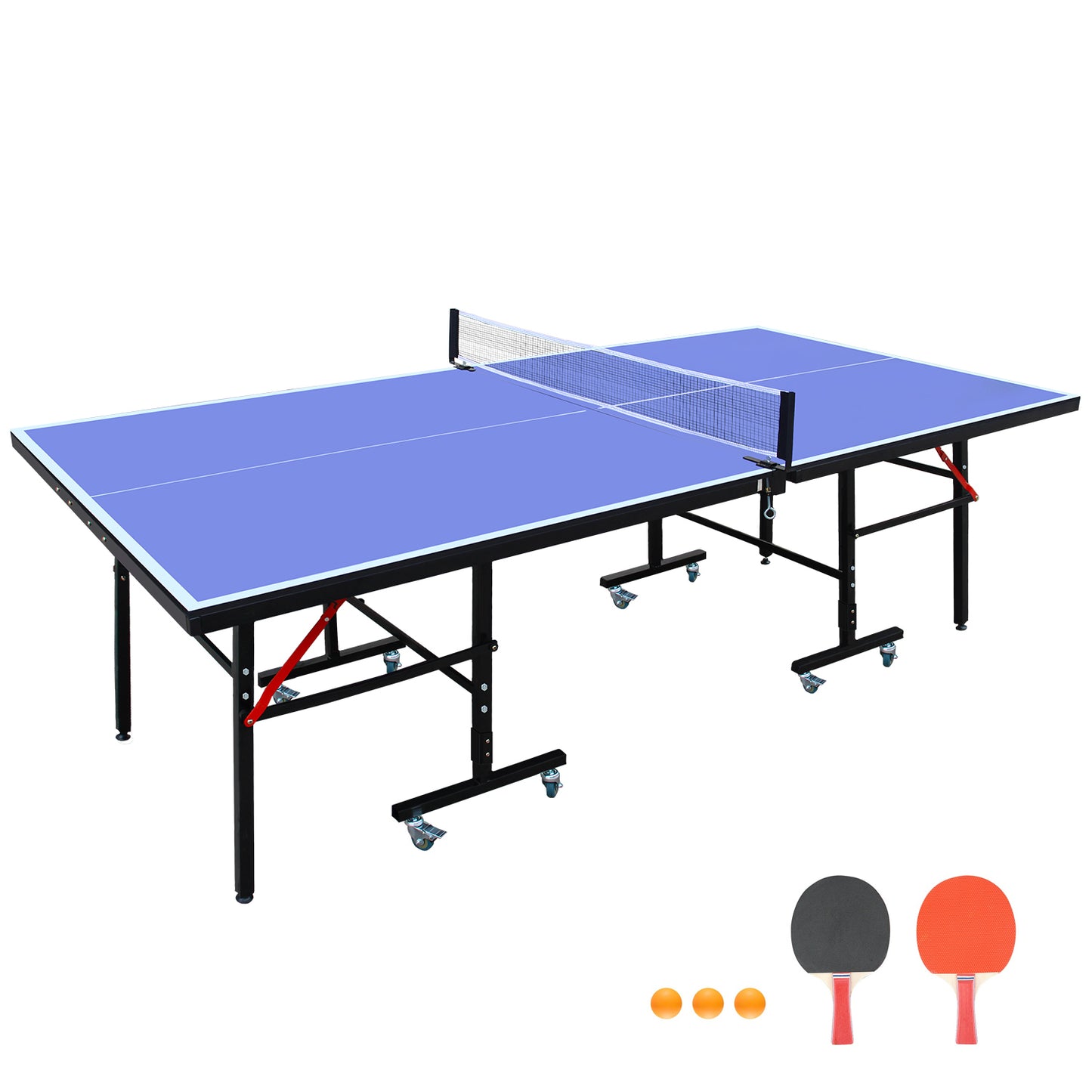 8ft Table Tennis Table, Foldable & Portable Ping Pong Set with Net, 2 Paddles & 3 Balls, Storage Blue