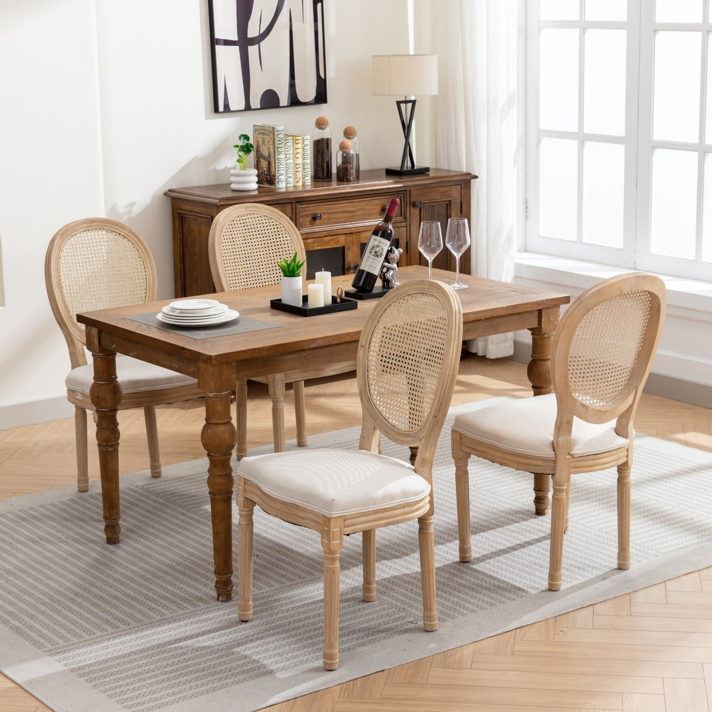 French-Style Solid Wood Dining Chair Set of 2, Linen, Rattan Back, Foam & Steel Spring Cushions, Beige