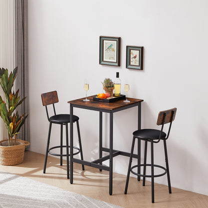 Rustic Brown Bar Table Set With 2 Stools PU Upholstered