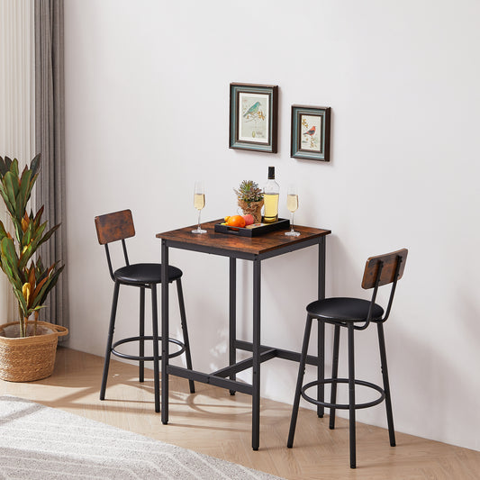 Rustic Brown Bar Table Set With 2 Stools PU Upholstered