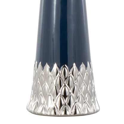 22-Inch Contemporary Ceramic Table Lamp with White Shade, Metal Accent, Indoor Use - Dark Blue and Silver