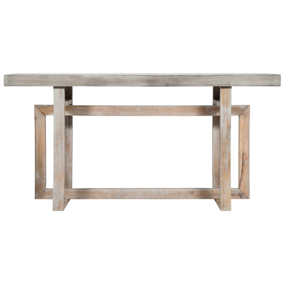 59-Inch Mango Wood Farmhouse Console Table with Interlocked Base for Living Room Distressed Matte Gray