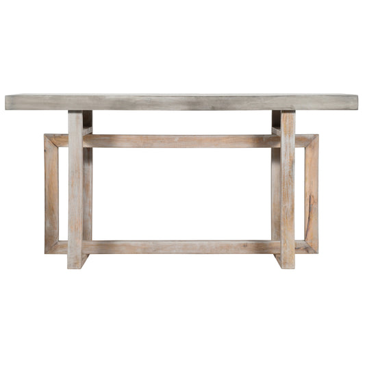 59-Inch Mango Wood Farmhouse Console Table with Interlocked Base for Living Room Distressed Matte Gray