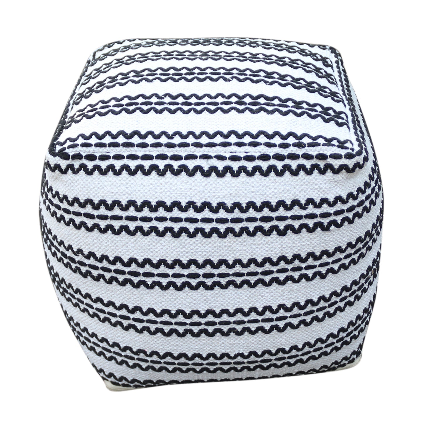Lani Handcrafted Fabric Pouf, Natural with Black Design, Durable Cotton, 16x16x16 Square