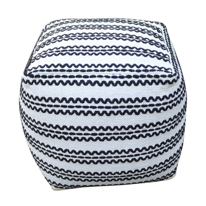 Lani Handcrafted Fabric Pouf, Natural with Black Design, Durable Cotton, 16x16x16 Square