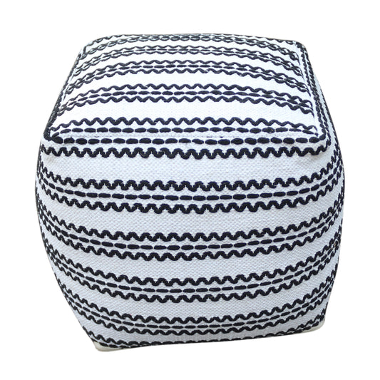 Lani Handcrafted Fabric Pouf, Natural with Black Design, Durable Cotton, 16x16x16 Square