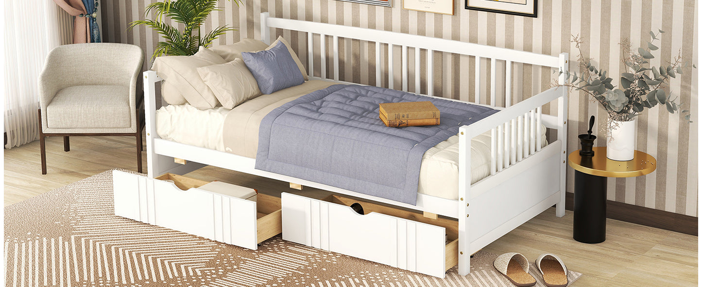 White Twin Size Wood Daybed with Dual Storage Drawers