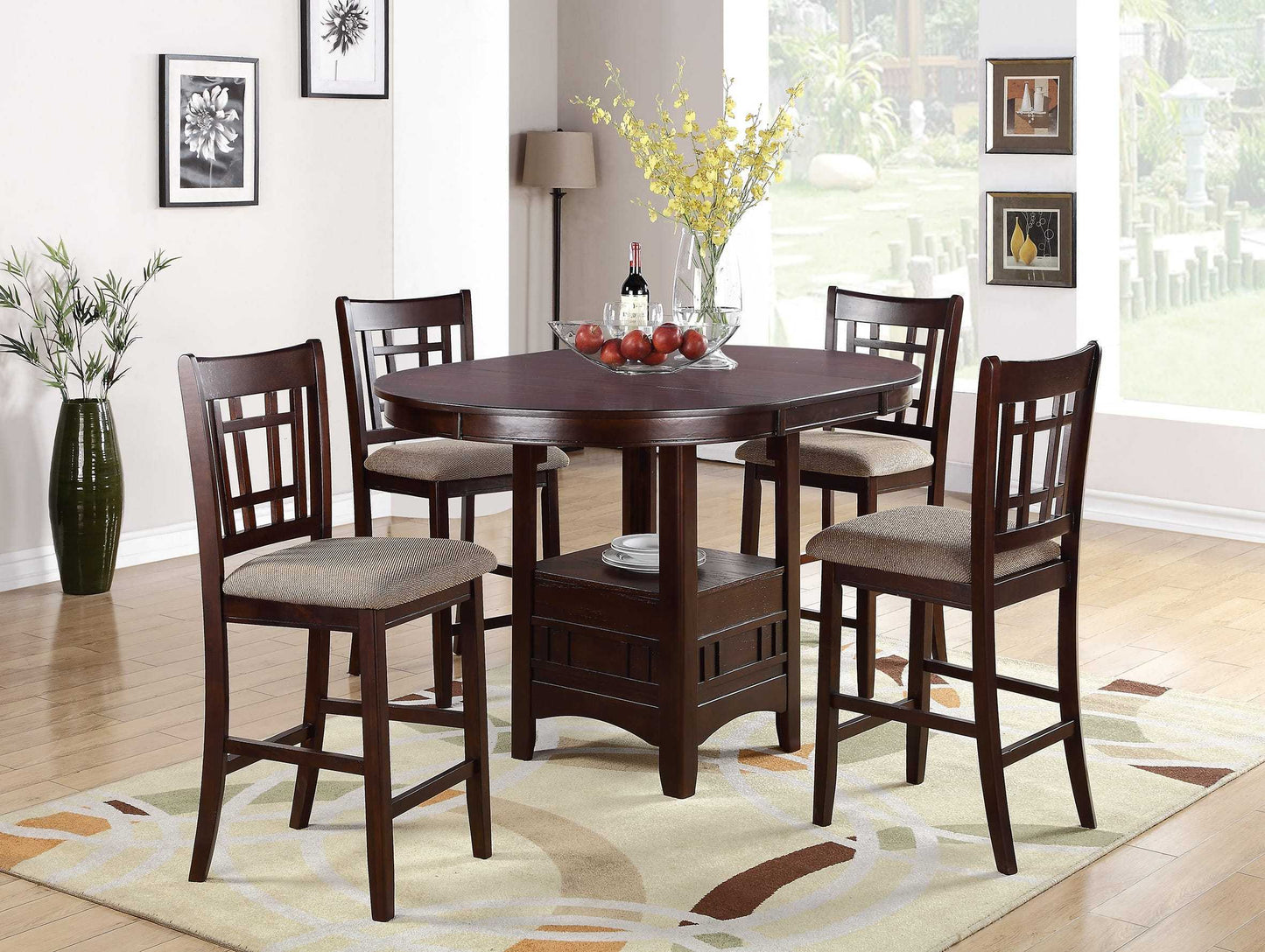 Counter Height 5Pc Round Table Dining Set Dark Rosy Brown