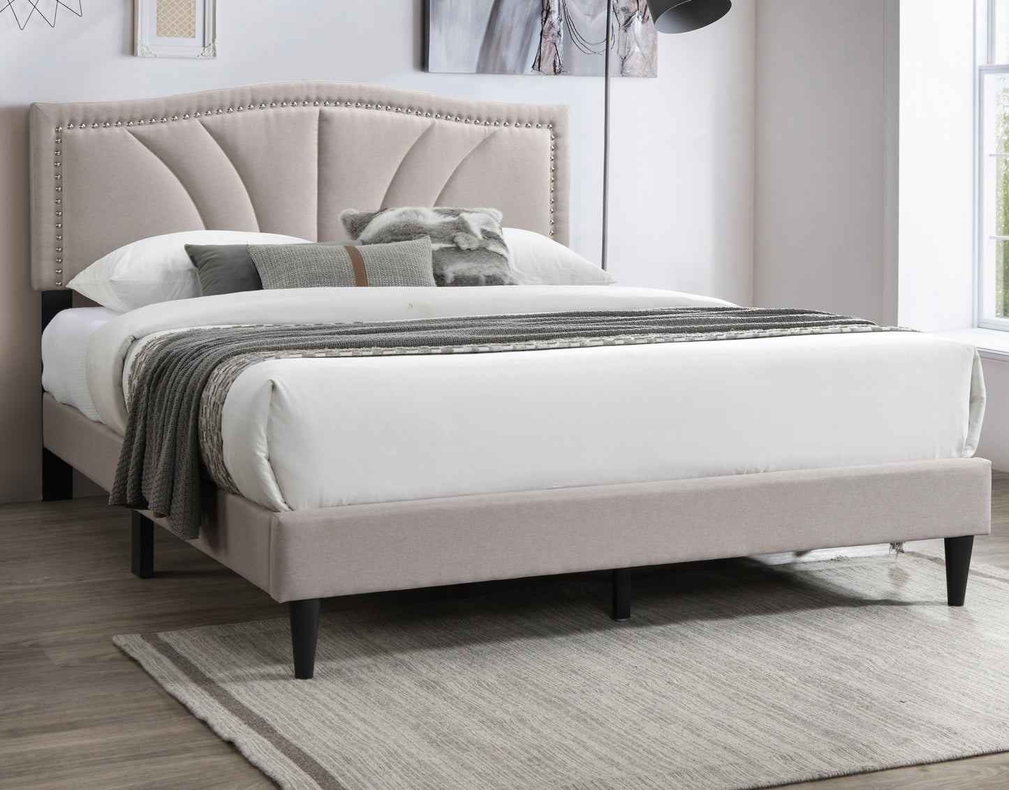 Chic Vintage Queen Bed with Light Brown Burlap Fabric and Nailhead Trim Headboard