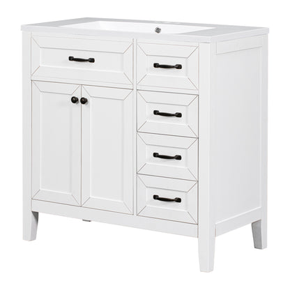 36-Inch White Freestanding Bathroom Vanity with Ceramic Sink and Storage Drawers