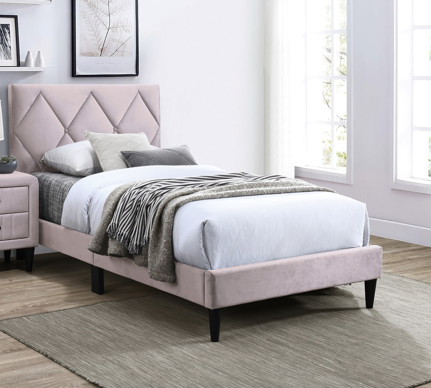 Adjustable Light Pink Velvet Full Size Bed Frame with Stylish Headboard for Youth Bedrooms