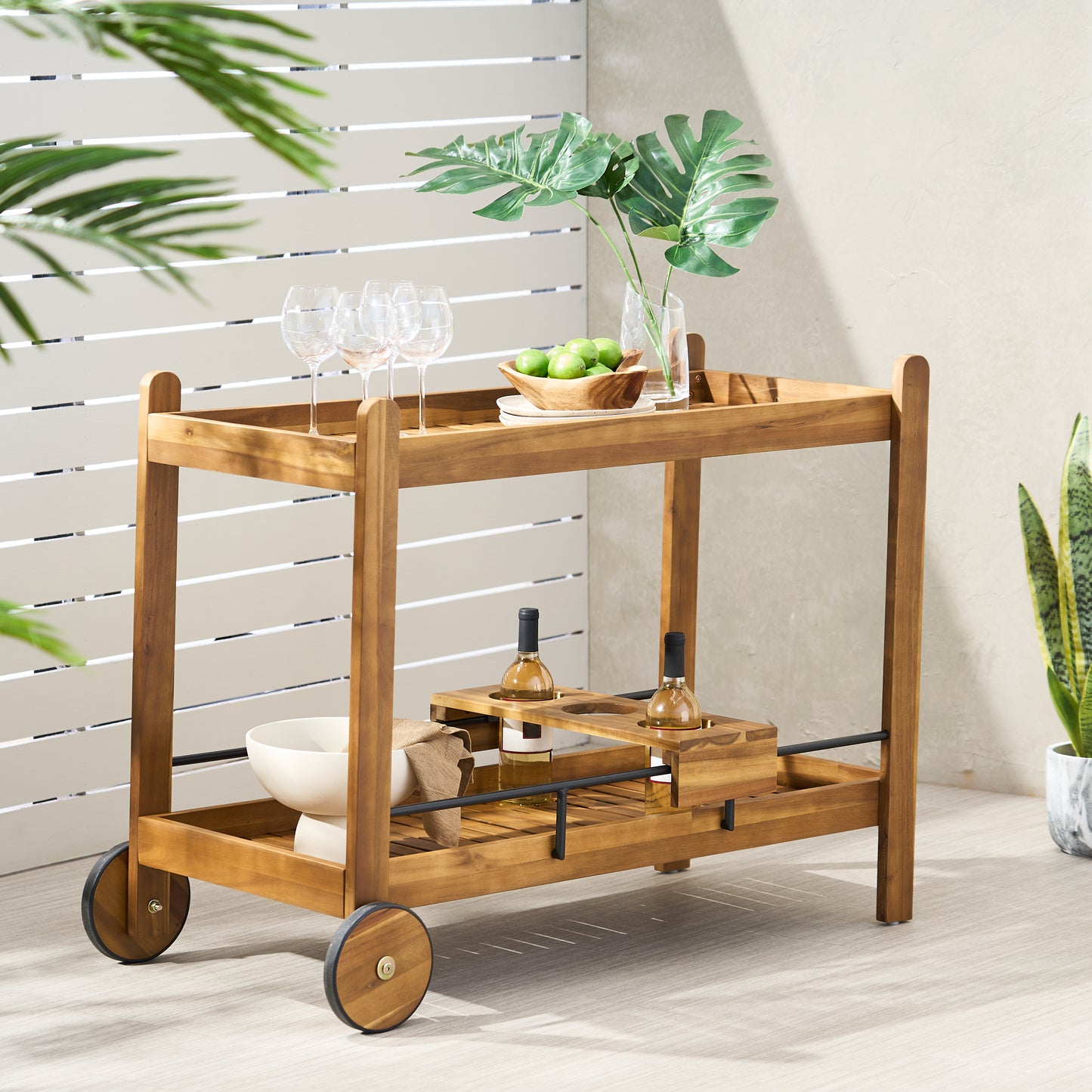 Acacia Wood Bar Cart With Slat Design And Wine Holders