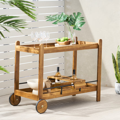 Acacia Wood Bar Cart With Slat Design And Wine Holders