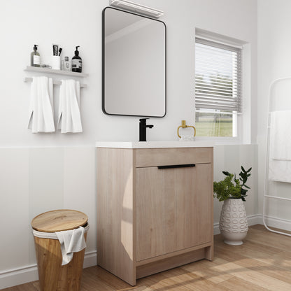 30-Inch Light Oak Freestanding Bathroom Cabinet with Soft-Close Doors & Integrated Resin Sink