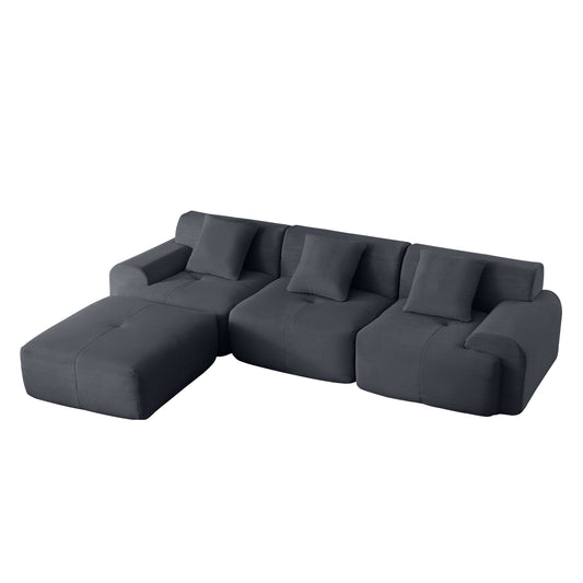 Corduroy Modular L-Shaped Sectional Sofa with Deep Seats and Movable Ottoman, 4-Module Set, Dark Gray